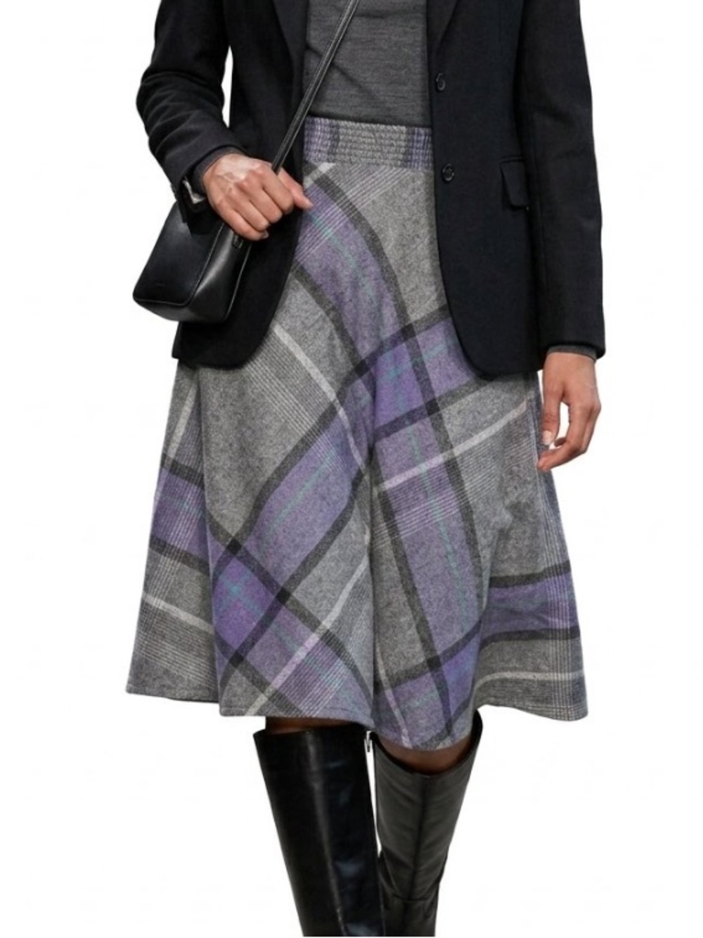 Vintage Wool Flannel A-Line Midi Skirt Gray/Purple Modest Eclectic Preppy Sz 6